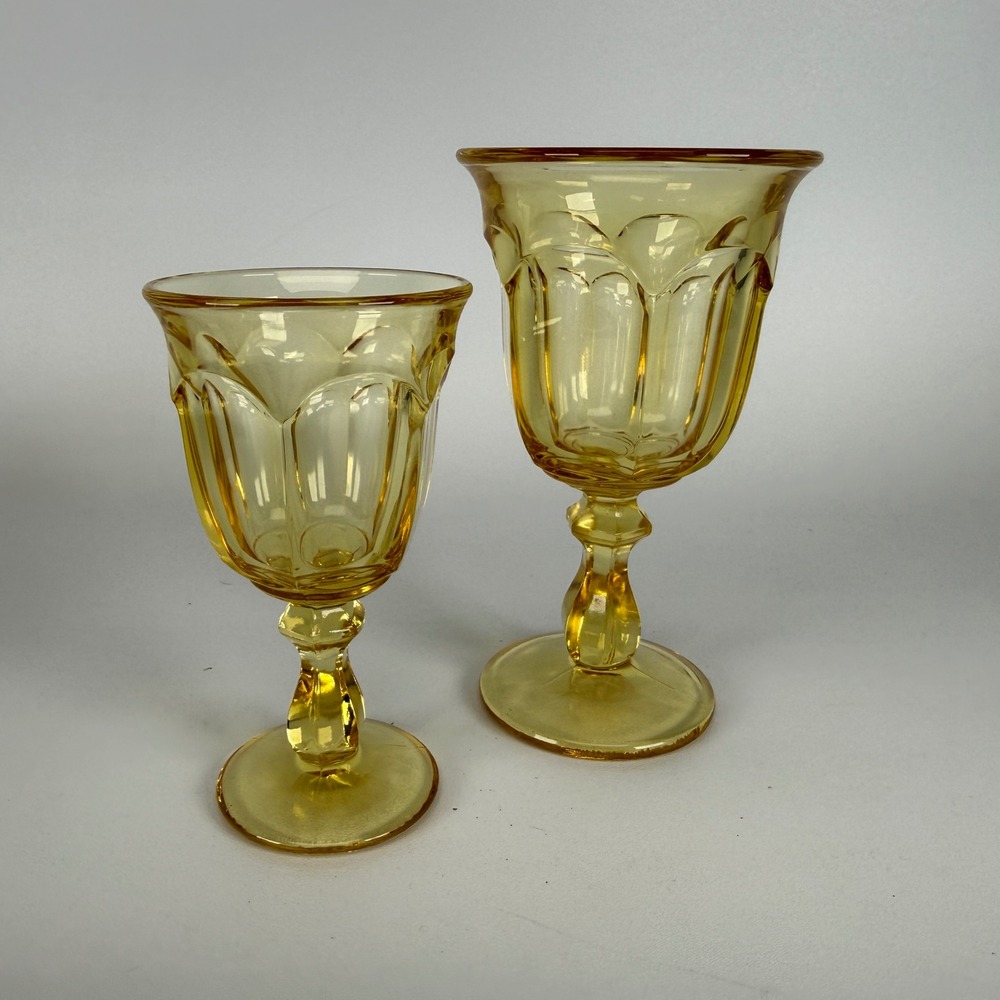 Vintage Yellow Amber Glass Goblets Scalloped Paneled Stemware Set of 2 Sizes